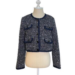 Sandro Paris Navy Blue Sequin Tweed Single Breasted Boucle Blazer Jacket Size 4